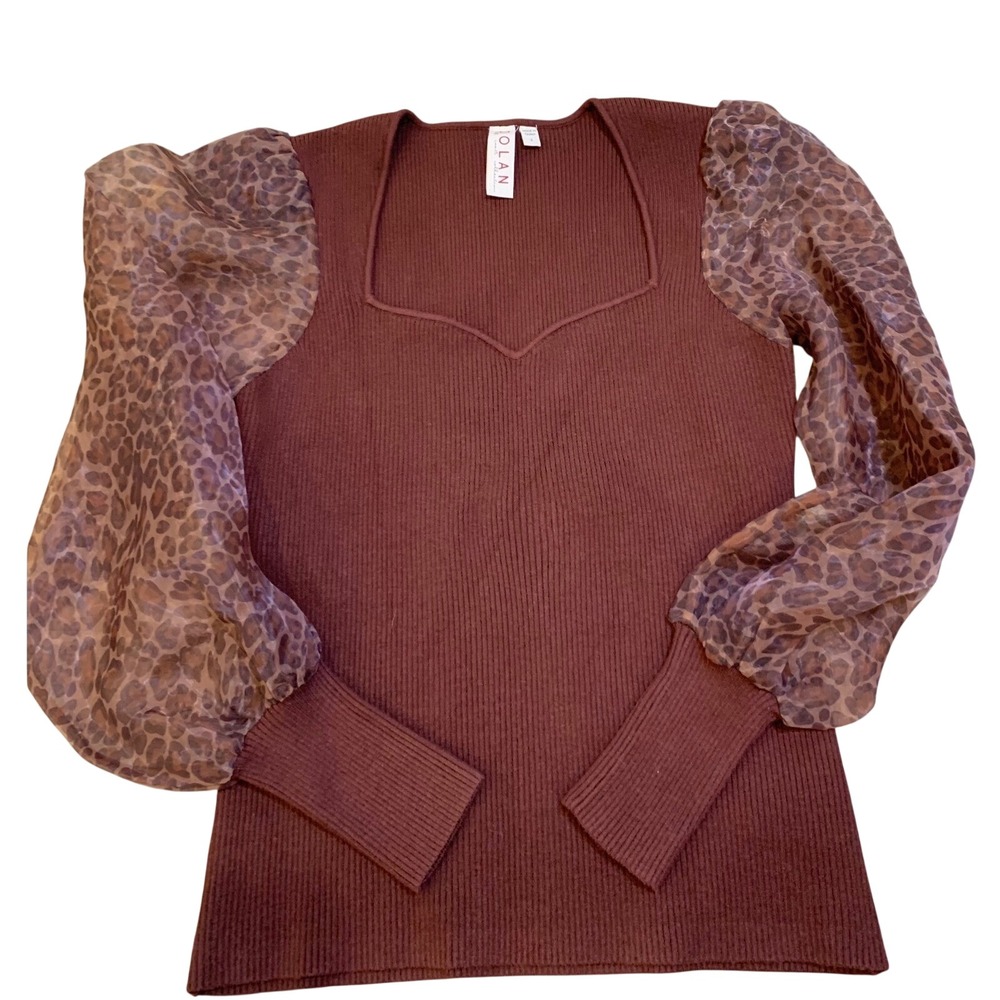 Dolan Left Coast Collection S Ribbed Knit Leopard Sheer Puff Sleeve Top Women